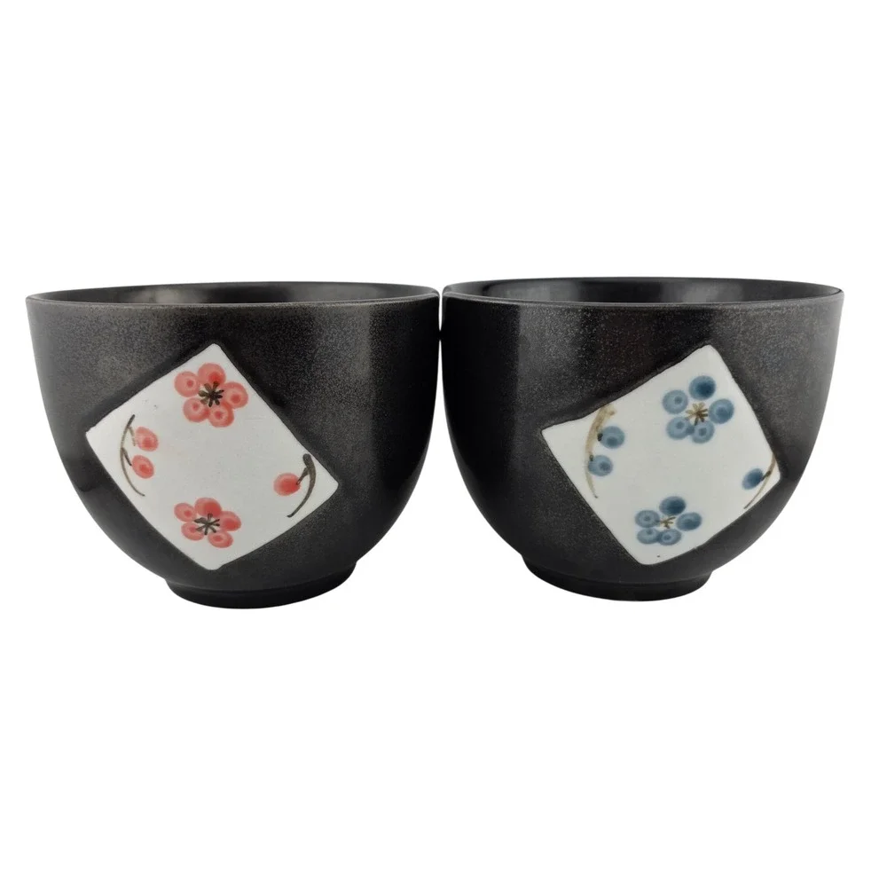 Ebros Japanese Ceramic Ramen Bowls Black White Blossom Floral Set‎ of 2